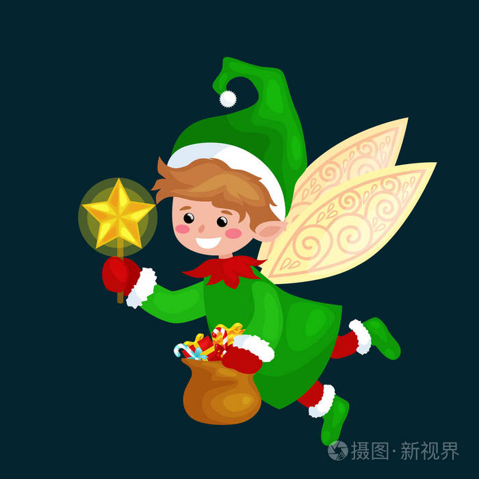 飞圣诞精灵与翅膀和魔术棒明星在一个绿色西装袋糖果助理圣诞老人帮助