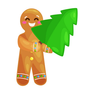 圣诞树饼干姜饼人装饰与结冰跳舞和有乐趣圣诞节甜食物矢量插图
