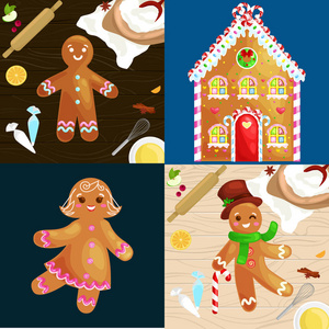 设置圣诞饼干姜饼的男人和女孩附近的甜房子装饰的冰跳舞有乐趣的帽子树的礼物, 圣诞节食物矢量插画