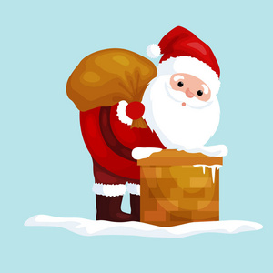 圣诞圣诞老人穿着红色套装, 装满了在烟囱里的礼物, 在除夕或寒假 xmass, 新年矢量插画