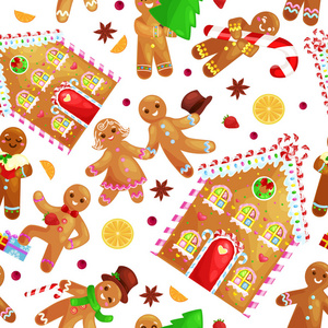 无缝模式圣诞饼干姜饼的男人和女孩附近的甜房子装饰的冰跳舞有乐趣的帽子树的礼物, 圣诞节食物矢量插画