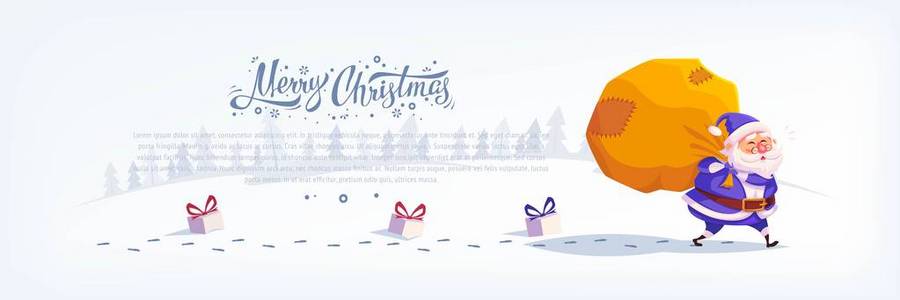 可爱的卡通蓝西装圣诞老人在大袋子送礼物快乐圣诞矢量插画贺卡海报