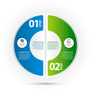 现代矢量插画3d。具有两个元素扇区和百分比的循环信息模板。专为商务演示网页设计图2步骤设计