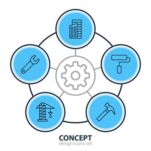 矢量插图5行业图标。可编辑的起重, 手柄命中, 扳手元件