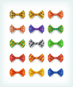 弓领带图标收藏。不同颜色和图案的领带矢量插图