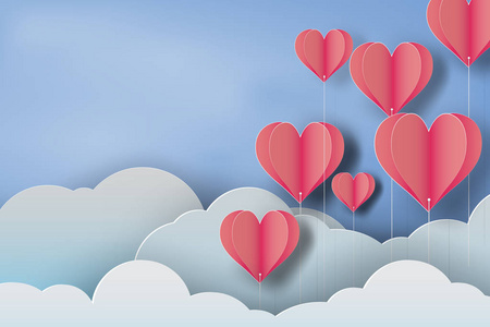 蓝色天空背景下的红色气球心脏纸艺术, 矢量