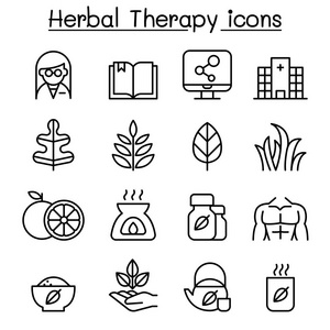 草本疗法和医院图标在细线样式设置