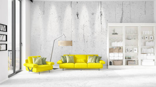 与白色的架子和黄色的沙发时尚的全新内饰的场景。3d 渲染。水平排列