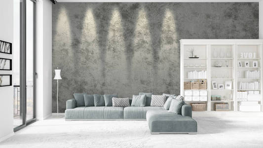 现场与全新的内饰时尚的白色架子和现代灰色的沙发。3d 渲染。水平排列
