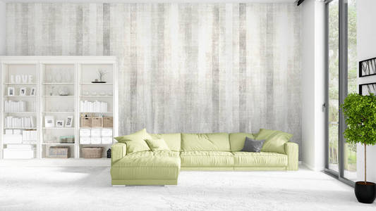现场与全新的内饰时尚的白色架子和现代绿色的沙发。3d 渲染。水平排列