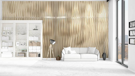 现代室内时尚与白色沙发和 copyspace 在水平排列。3d 渲染