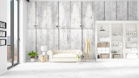 现代阁楼室内时尚与白色沙发和 copyspace 在水平排列。3d 渲染