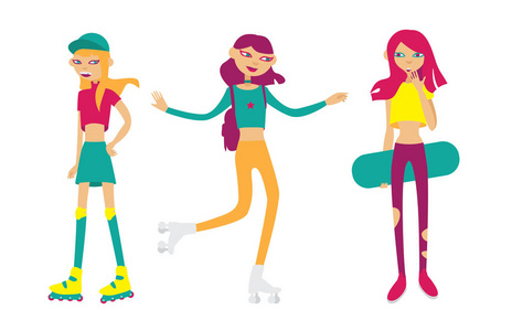 设置与明亮的年轻女孩滑冰和滚动。平面孤立字符的滑稽风格。体育女孩