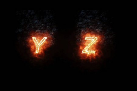 燃烧字体 y, z, 火字文本与火焰和烟雾黑色背景, 火热字母表的概念装饰