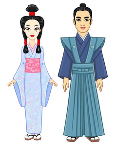 日本家庭在古代服装的动画肖像。艺妓, Mayko, 公主, 武士充分增长。在白色背景上隔离的矢量插图