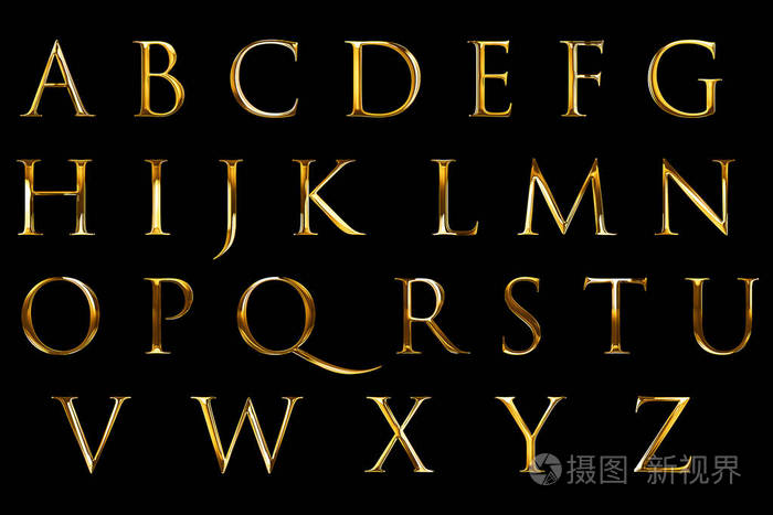 复古字体黄金色金属字母字母字文字系列符号黑色背景, 金色豪华字母的概念装饰
