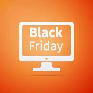 显示器与黑色星期五销售在屏幕上的橙色背景的平面图标。矢量插图