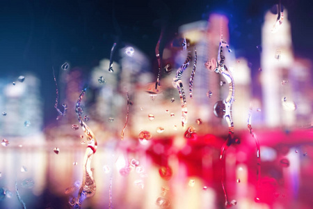 抽象模糊的夜城市背景与雨下落在玻璃和文本。生活方式的概念。3d 渲染