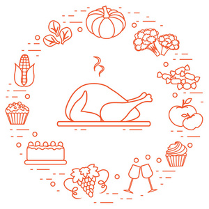 快乐的感恩节卡通对象。打印的秋季符号