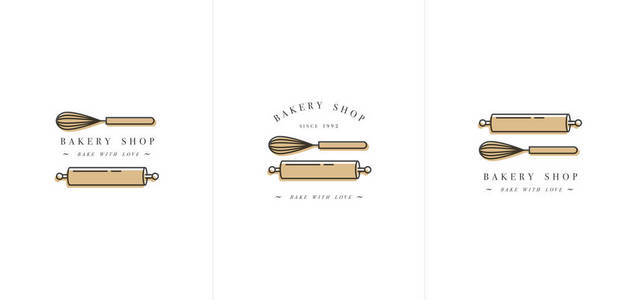 矢量设计模板和标志烘烤店的厨房卷和头饰。面包