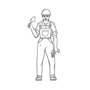 建筑工人.专业人士.写实插图的矢量黑色素描照片