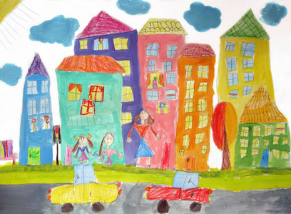 儿童在散步和汽车上的幸福家庭画