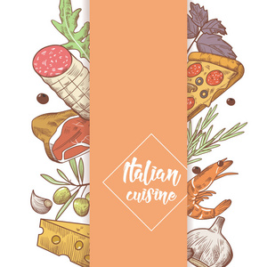 意大利菜素描涂鸦。食品菜单设计模板。手拉传统的意大利菜, 比萨饼, 奶酪和肉类。矢量插图