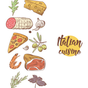 意大利菜菜单设计模板。手拉传统的意大利菜, 比萨饼, 奶酪和肉类。矢量插图