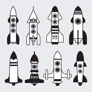 一套火箭。太空飞船的启动设计的图形元素。矢量图标集。平面插图