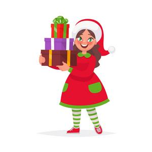 快乐的女孩在圣诞节帽子与礼物为假日。卡通风格中的矢量插图