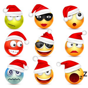面带笑容，表情图标集。黄色的脸，情绪和圣诞帽子。新的一年，Santa.Winter 表情符号。悲伤 快乐 愤怒的脸。有趣的卡