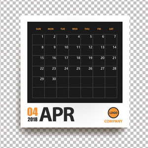 2018年4月日历在真实的相片框架与阴影隔绝在透明背景。事件规划器。所有大小。矢量插图