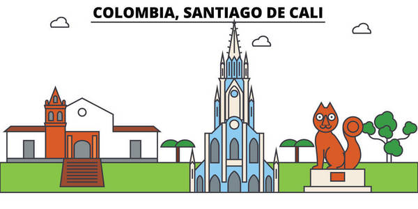 哥伦比亚, 圣地亚哥 De 卡利轮廓线, 哥伦比亚平坦的细线图标, 地标, 插图。哥伦比亚, 圣地亚哥 De 卡利市容, 哥伦比