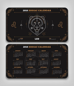 狮子座2018年生肖日历口袋大小水平布局双面黑色设计风格矢量概念图