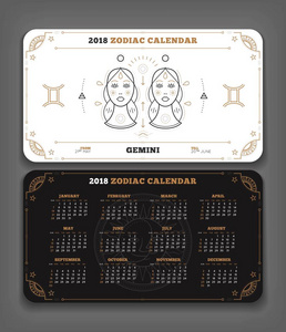 双子座2018生肖日历口袋大小水平布局双面黑白颜色设计风格矢量概念图