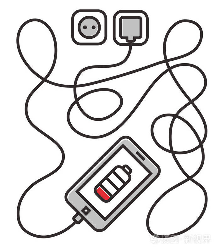 插画 电话充电用长的导线.smarthone 和线缆.