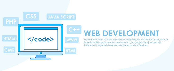 Web 开发横幅。带有浏览器窗口的计算机。学习不同的程序设计语言