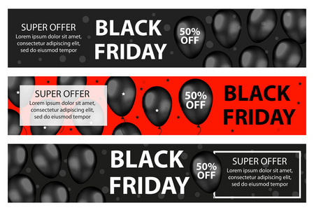 黑色星期五促销网页横幅与黑色逼真的气球。现代, 时尚的模板为您的设计边框, 传单。特价优惠, 打折。矢量插图