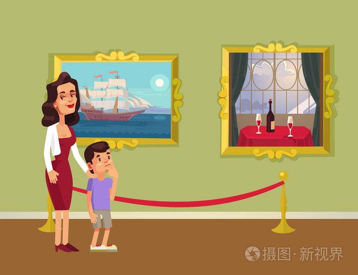 母亲和太阳字符在画廊看图片.矢量平面卡通插图