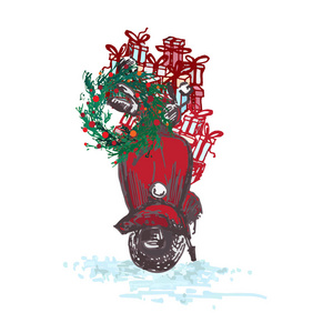 喜庆的圣诞贺卡。红色滑板与 fir 花环装饰红球和孤立的白色背景上的礼物