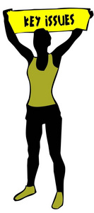 运动妇女剪影拿着黄色横幅标志与关键问题文本