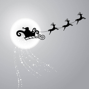 黑色剪影。圣诞老人与驯鹿雪橇飞行