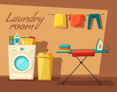 洗衣房配有洗衣机和家庭主妇.卡通矢量插图照片