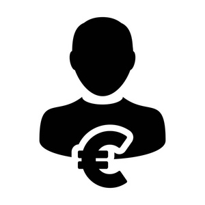 欧元符号图标矢量符号货币与男性头像在字形象形插图