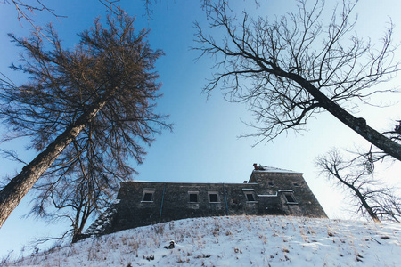 雪山上的木制教堂冬天公园里有树