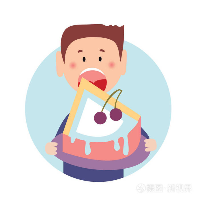 饿厚的家伙吃了一大口大奶油甜点白色背景上的孤立平面插图卡通矢量