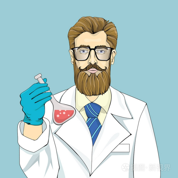 披着白袍的大胡子科学家在蓝色背景下盛有红色液体的瓶子.