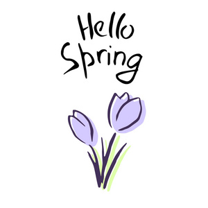 您好春季刻字。可爱的丁香花。素描.红花