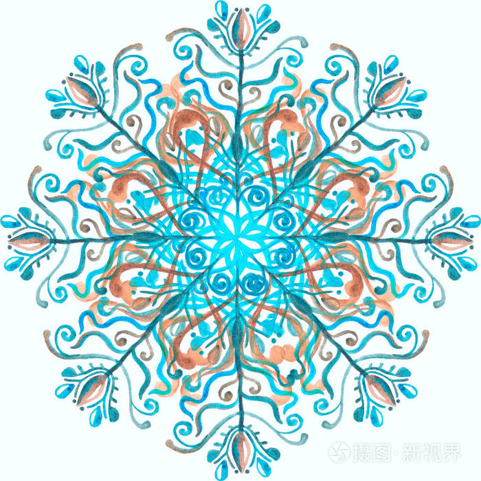 抽象的雪花 绿松石和褐色的白色背景的水彩雪花 纹理枝画的水彩照片 正版商用图片0zw971 摄图新视界