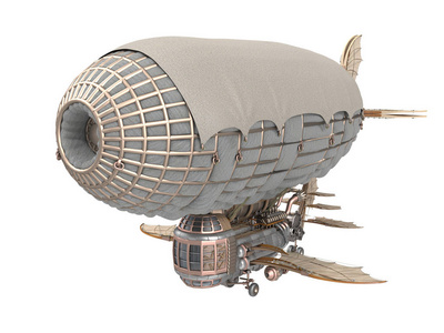 3d 在孤立的白色背景的蒸汽朋克风格幻想飞艇的插图